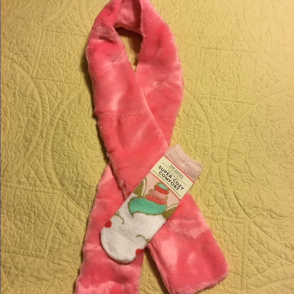 Faux Fur Pink Scarf  & Shea-infused Unicorn Socks!